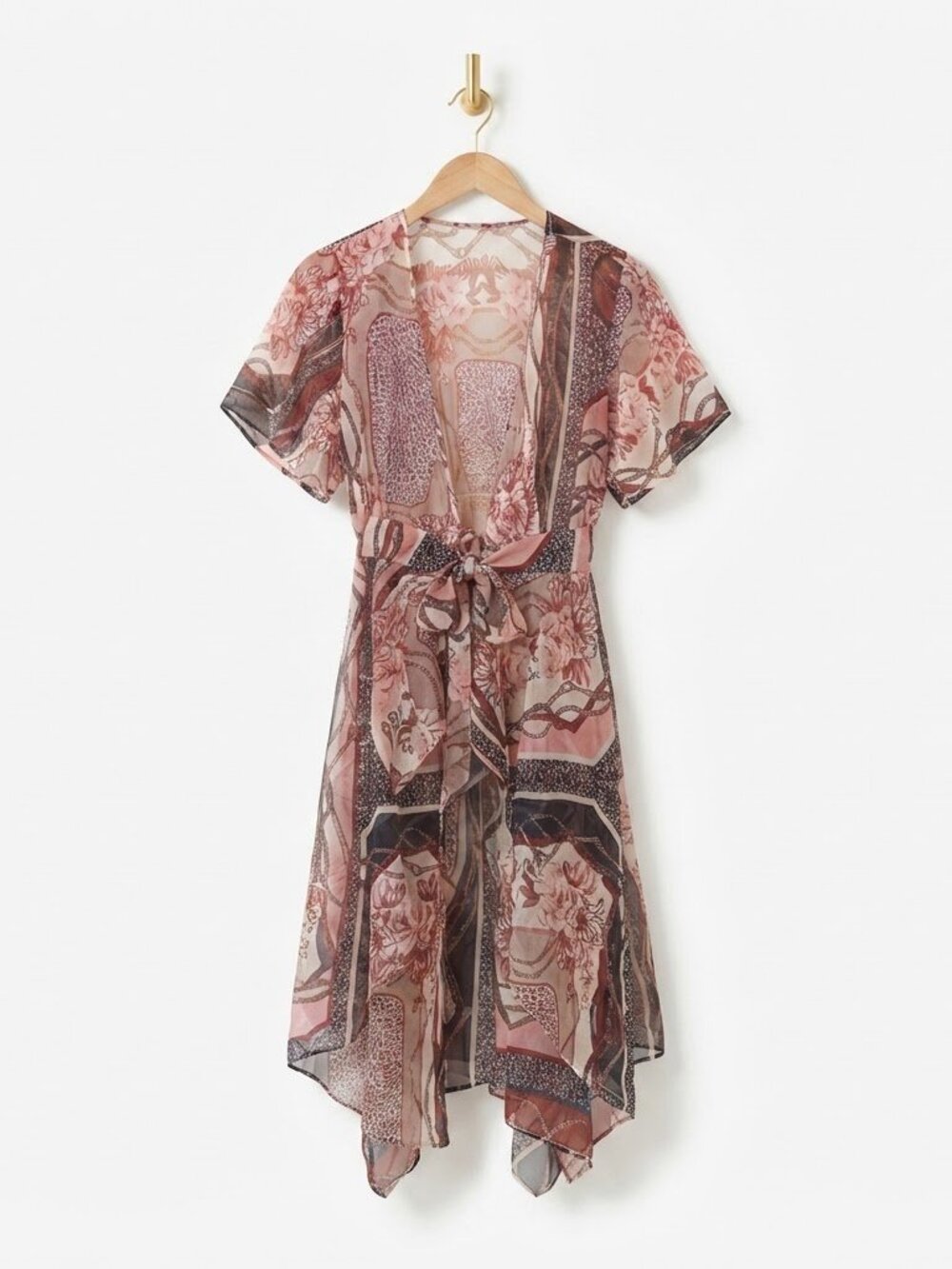 Sheer Floral Chain Print Kimono M Pink Multi Boho Resortwear Beach Coverup